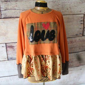 UPCYCLED Reconstructed Sweatshirt Women's Bohemian LOVE Peplum TOP Sz. L/XL